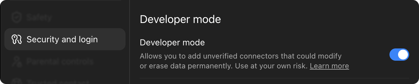 ChatGPT settings under Security and login, with the Developer mode toggle turned on