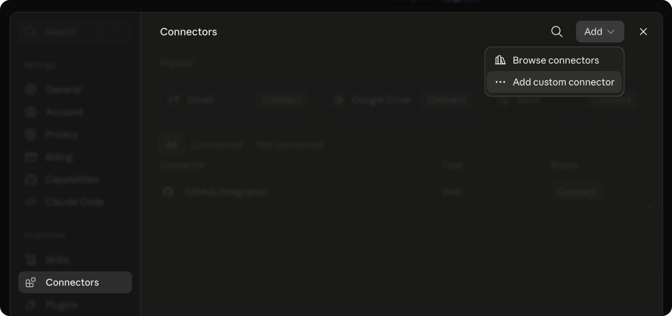 The Connectors panel in Claude settings, Add menu opened on Add custom connector